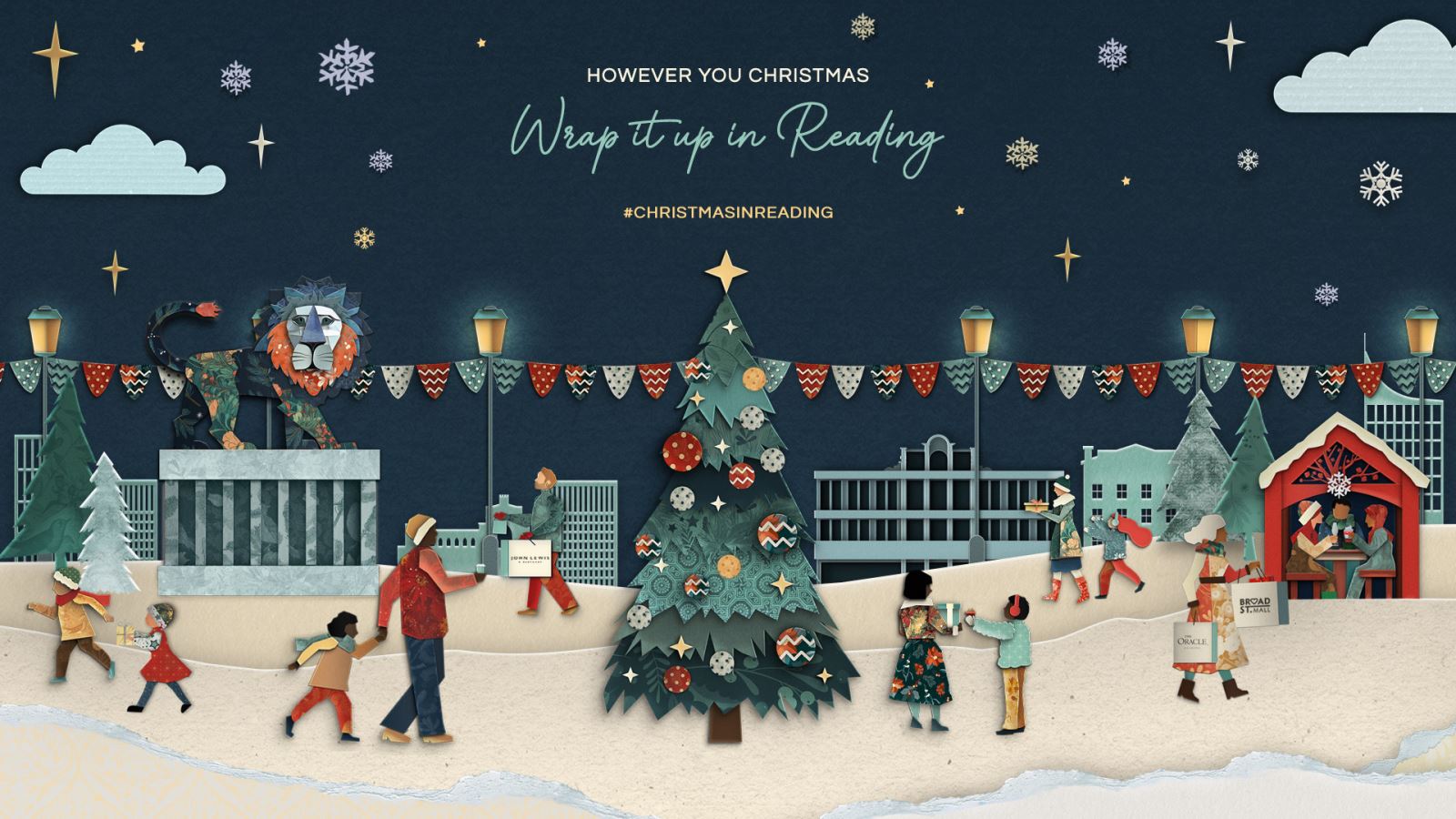 Graphic illustration of a Christmas scene in Reading, Berkshire